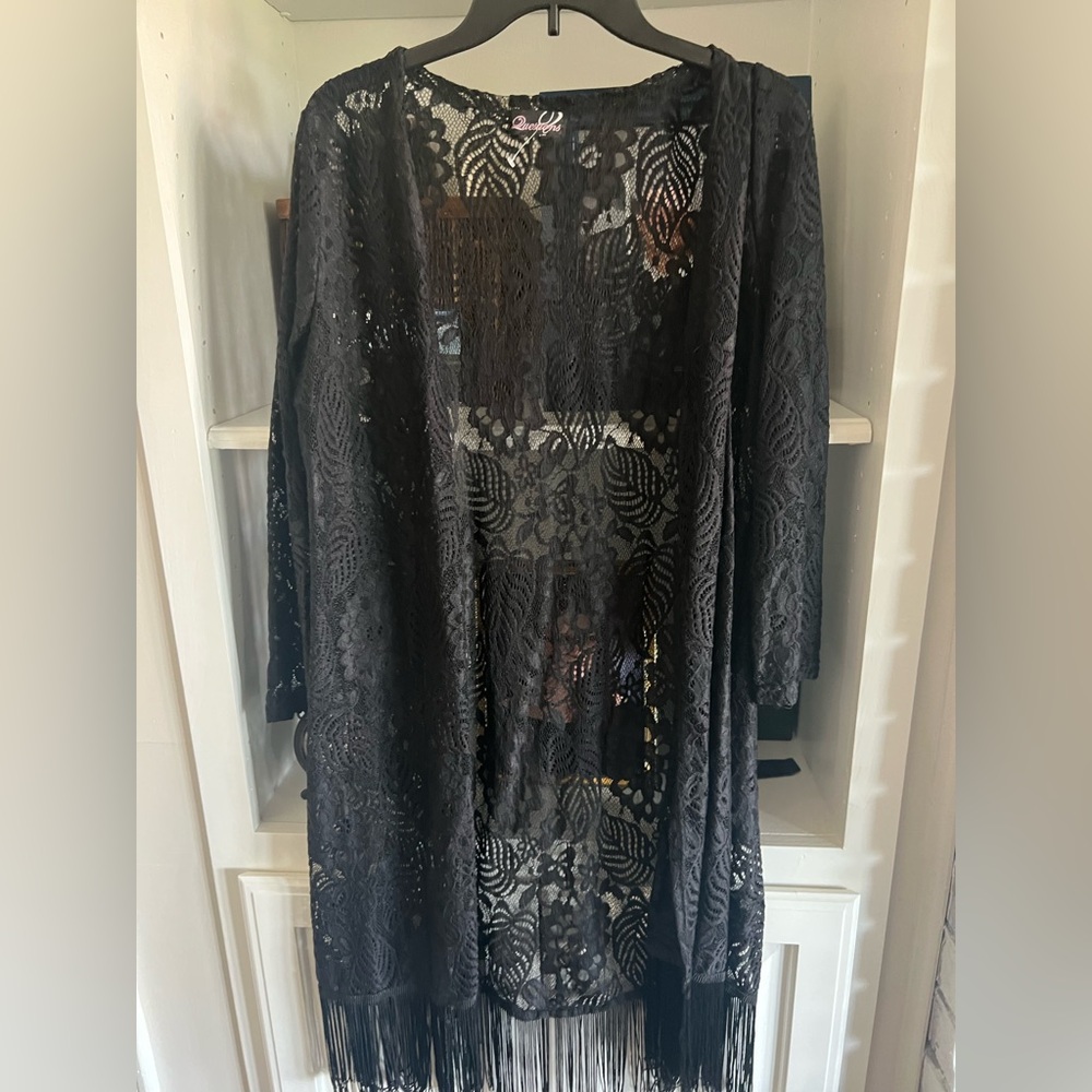 Black Lace Kimono Shawl Fringe Swim or Evening Wear Womens M